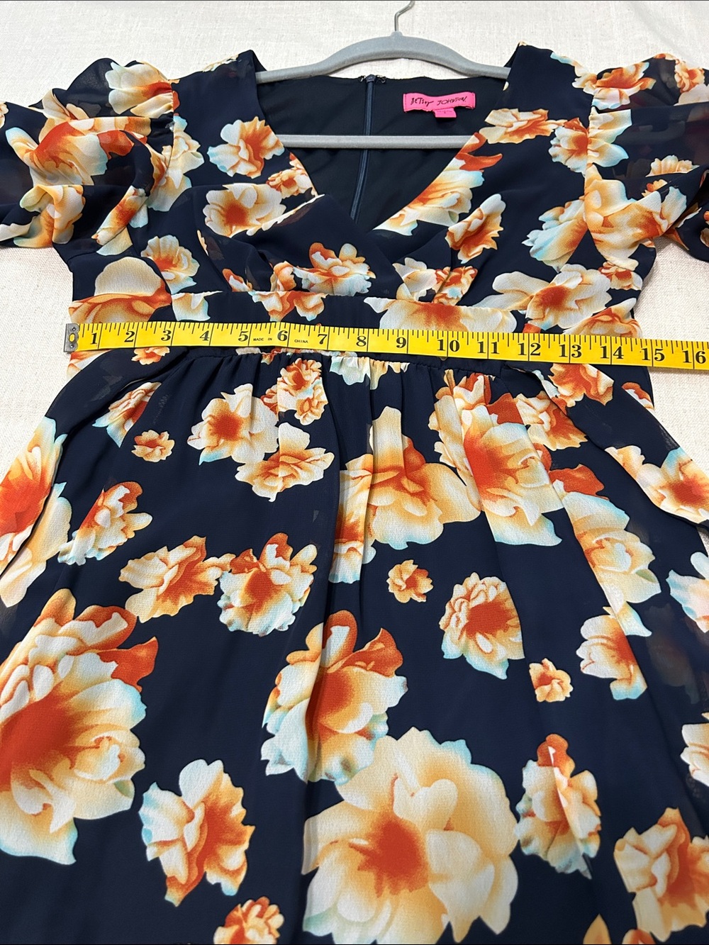 Betsey Johnson Dress Navy Garden Floral Mini Drama Bell Sleeves Fit and Flare - Picture 14 of 16